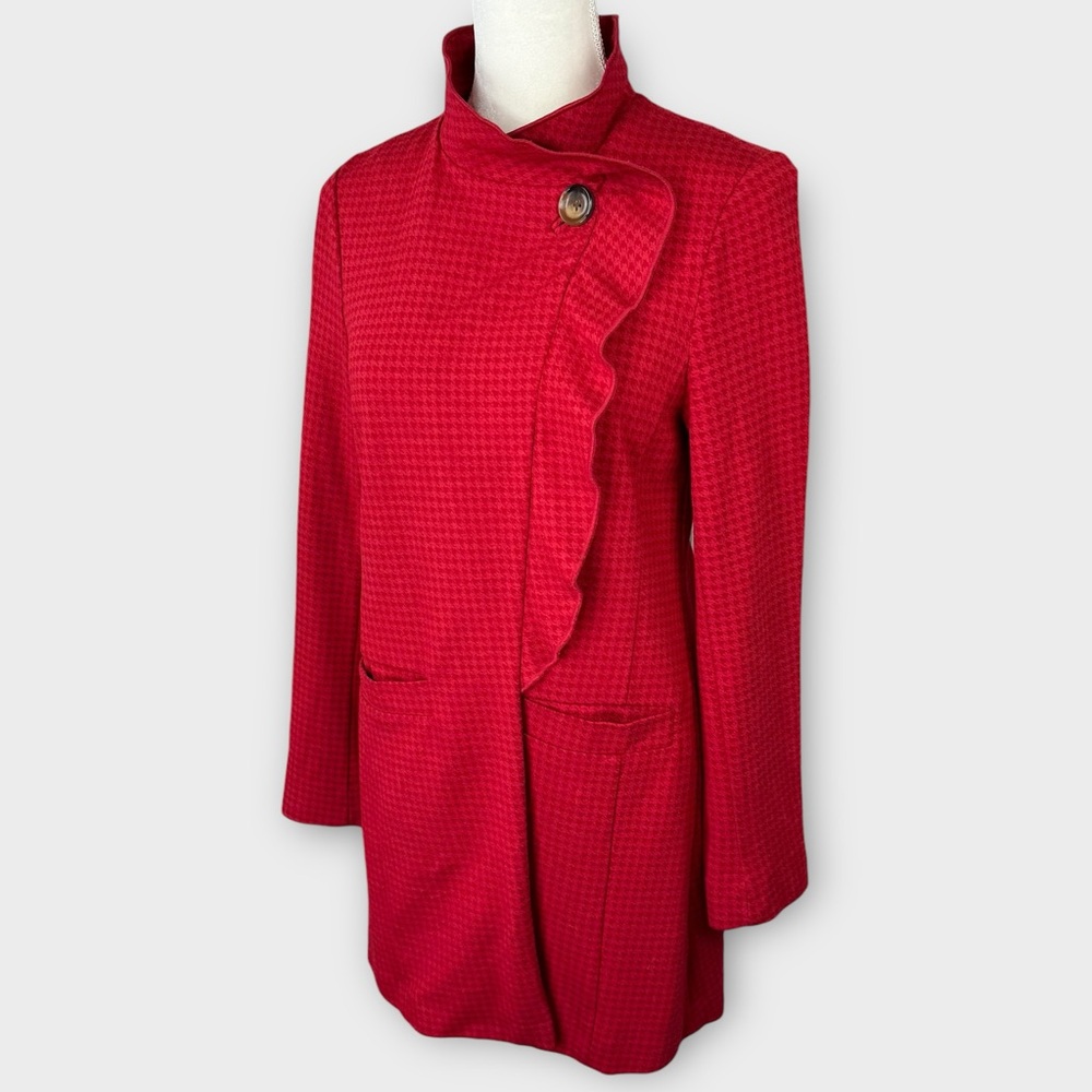 CAbi Red Houndstooth Long Coat S Chic Elegant Ponte Asymmetrical Ruffle Peacoat - Picture 3 of 13